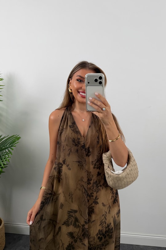 Premium Seri Omuzları Düğümlü Kahve Desenli Maxi Elbise