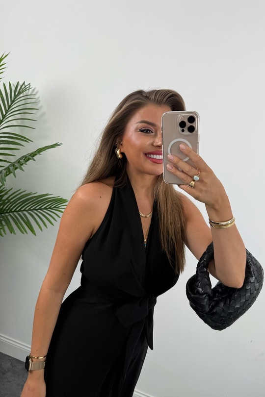 Premium Seri önden Bağlamalı Dökümlü Palazzo Tulum Siyah