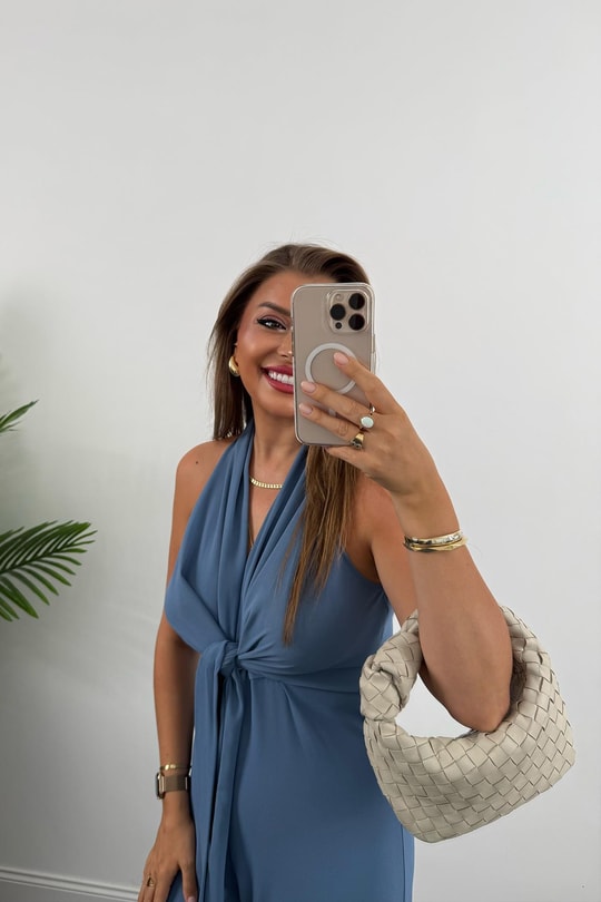Premium Seri önden Bağlamalı Dökümlü Palazzo Tulum indigo