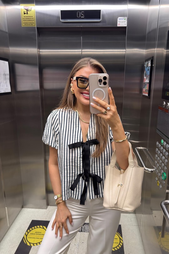 Premium Seri Önü Bağlamalı Marin Tensel Bluz