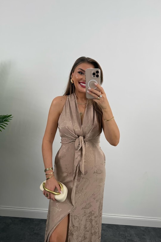 Premium Seri Önü Bağlamalı Maxi Tasarım Elbise Taş