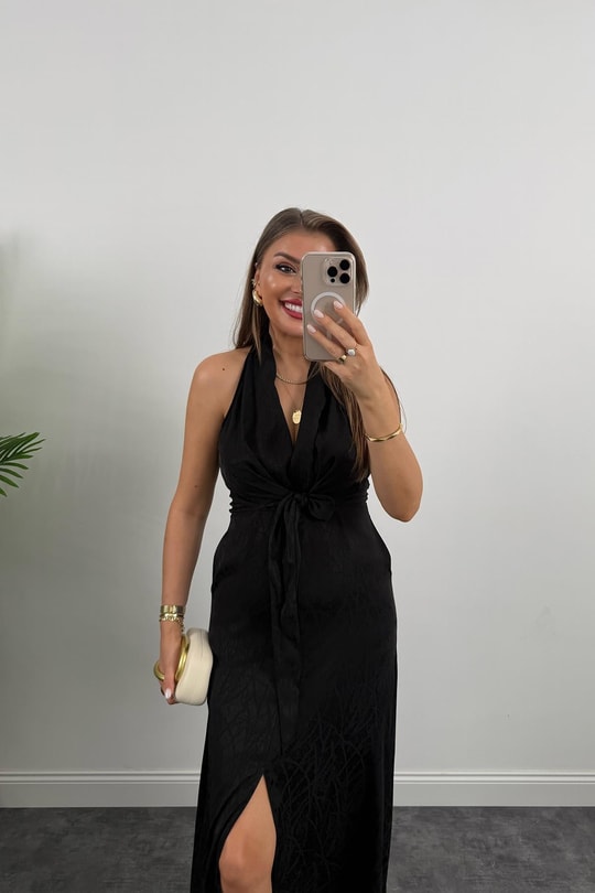 Premium Seri Önü Bağlamalı Maxi Tasarım Elbise Siyah