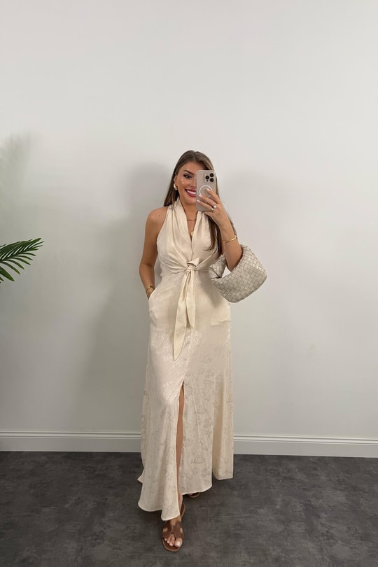 Premium Seri Önü Bağlamalı Maxi Tasarım Elbise Bej