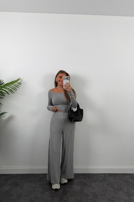 Premium Seri Organik Kumaş Kayık Yaka Bluz Palazzo Takım Gri Melanj
