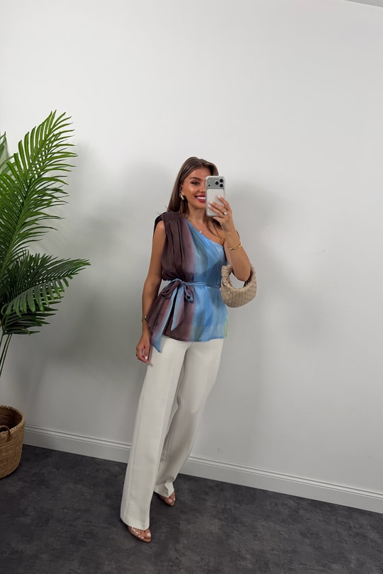 Premium Seri Organze Kumaş Tek Omuz Tasarım Bluz Mavi Desenli