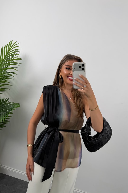 Premium Seri Organze Kumaş Tek Omuz Tasarım Bluz Siyah Desenli