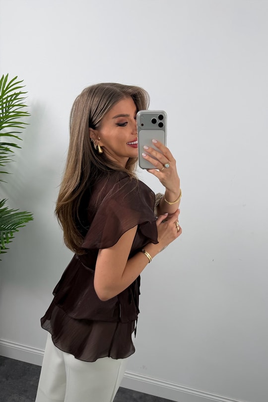 Premium Seri Organze Kumaş Valonlu Bluz Kahverengi
