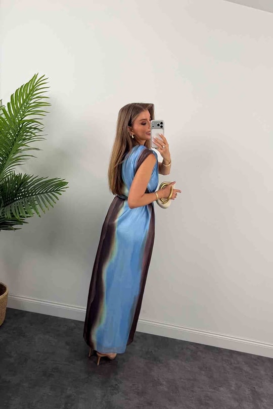 Premium Seri Organze Tül Tek Omuz Tasarım Maxi Elbise Mavi Desenli