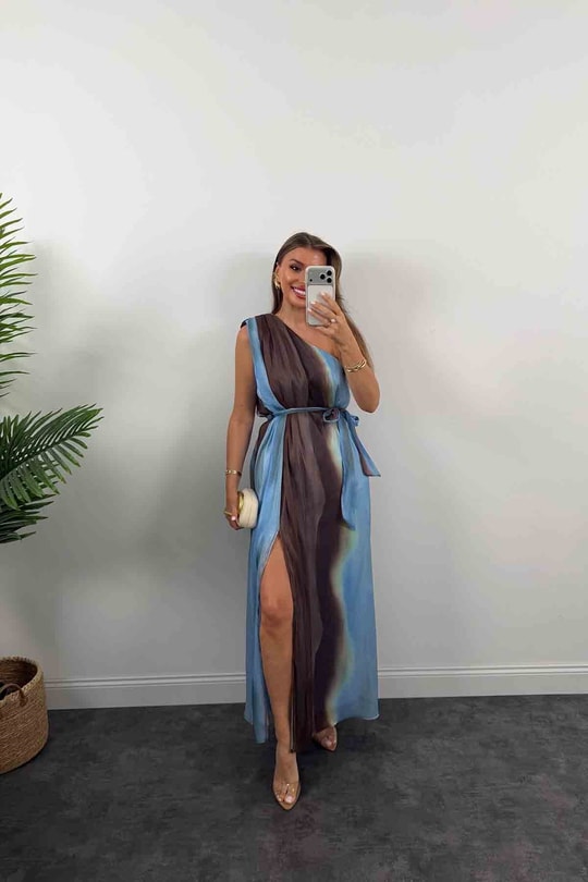 Premium Seri Organze Tül Tek Omuz Tasarım Maxi Elbise Mavi Desenli