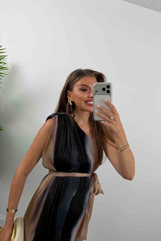 Premium Seri Organze Tül Tek Omuz Tasarım Maxi Elbise Siyah Desenli