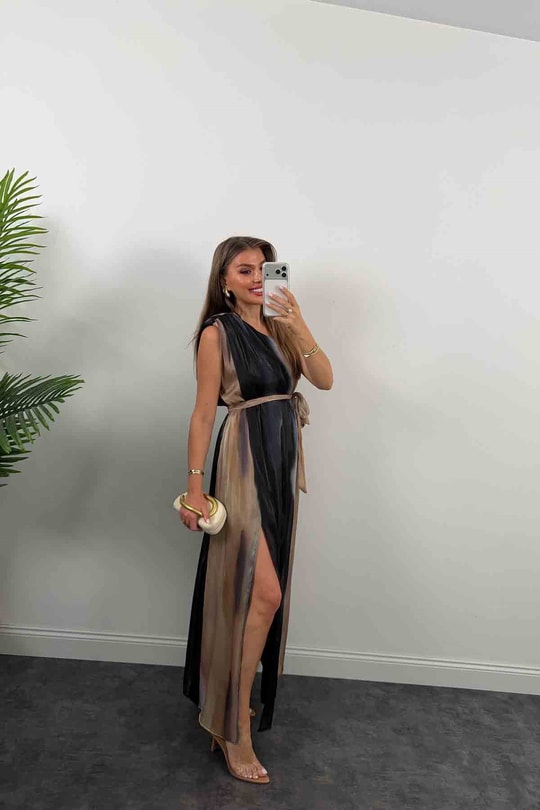 Premium Seri Organze Tül Tek Omuz Tasarım Maxi Elbise Siyah Desenli