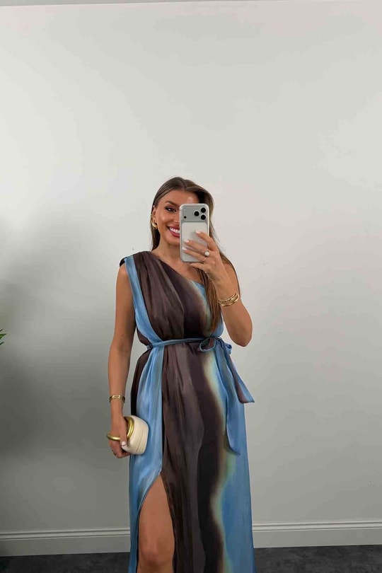Premium Seri Organze Tül Tek Omuz Tasarım Maxi Elbise Mavi Desenli