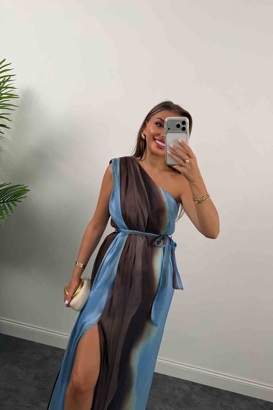 Premium Seri Organze Tül Tek Omuz Tasarım Maxi Elbise Mavi Desenli