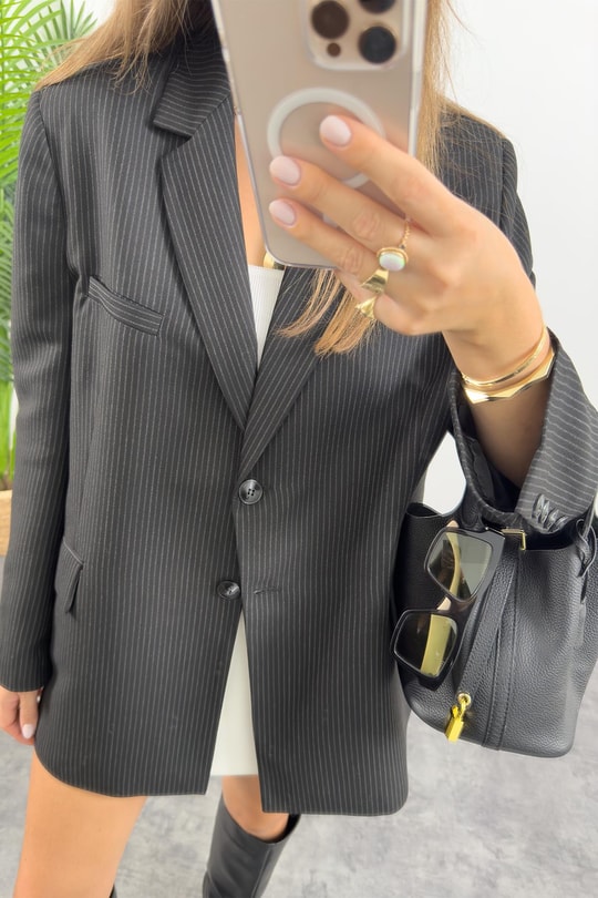 Premium Seri Oversize Çizgili Siyah Blazer Ceket