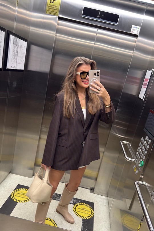 Premium Seri Oversize Lacivert Çizgili Kahverengi Blazer Ceket