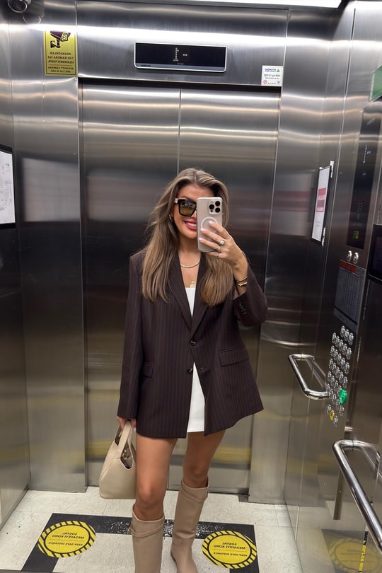 Premium Seri Oversize Lacivert Çizgili Kahverengi Blazer Ceket