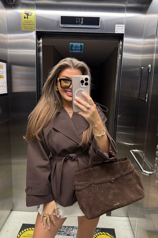 Premium Seri Özel Dokulu Acı Kahve Orta Boy Trençkot