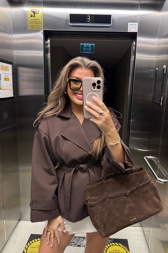 Premium Seri Özel Dokulu Acı Kahve Orta Boy Trençkot