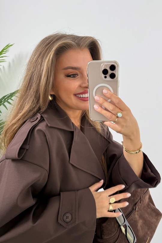 Premium Seri Özel Dokulu Acı Kahve Orta Boy Trençkot