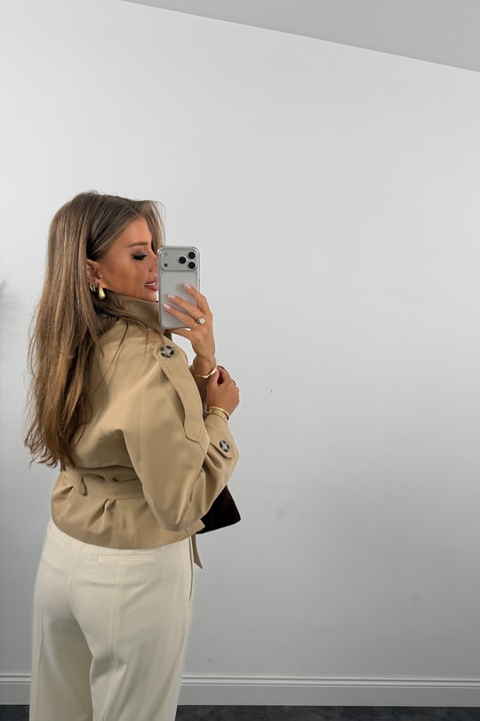Premium Seri Özel Kumaş Dik Yaka Trençkot Bej