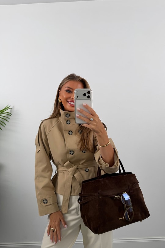 Premium Seri Özel Kumaş Dik Yaka Trençkot Bej