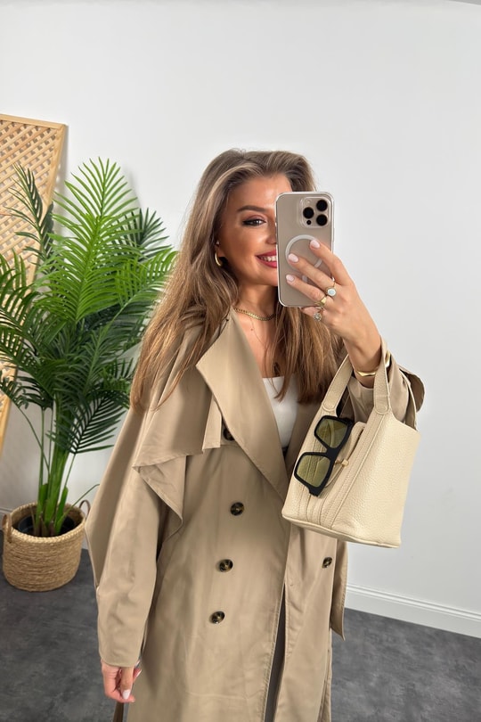Premium Seri Özel Kumaş Kol Detaylı Maxi Boy Trençkot