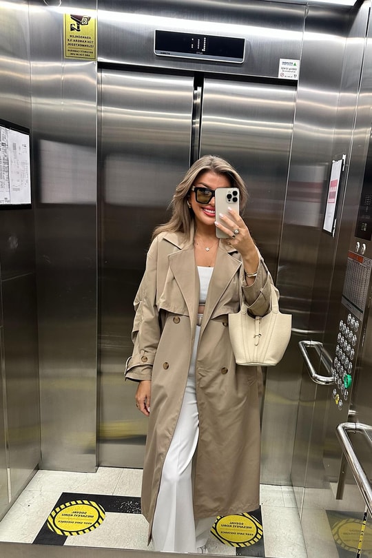 Premium Seri Özel Kumaş Kolu Kemerli Maxi Boy Trençkot