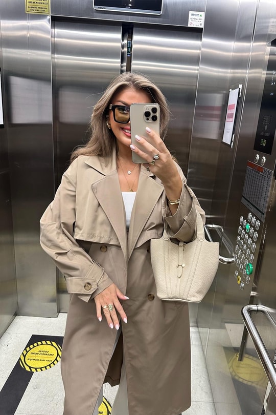 Premium Seri Özel Kumaş Kolu Kemerli Maxi Boy Trençkot