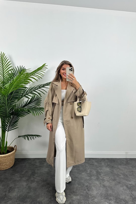 Premium Seri Özel Kumaş Kolu Kemerli Maxi Boy Trençkot