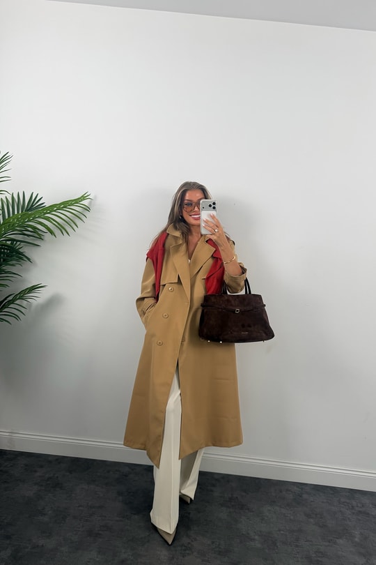 Premium Seri Özel Kumaş Maxi Klasik Trençkot Camel