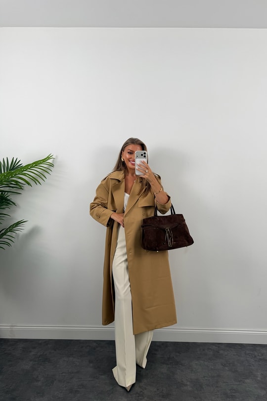 Premium Seri Özel Kumaş Maxi Klasik Trençkot Camel
