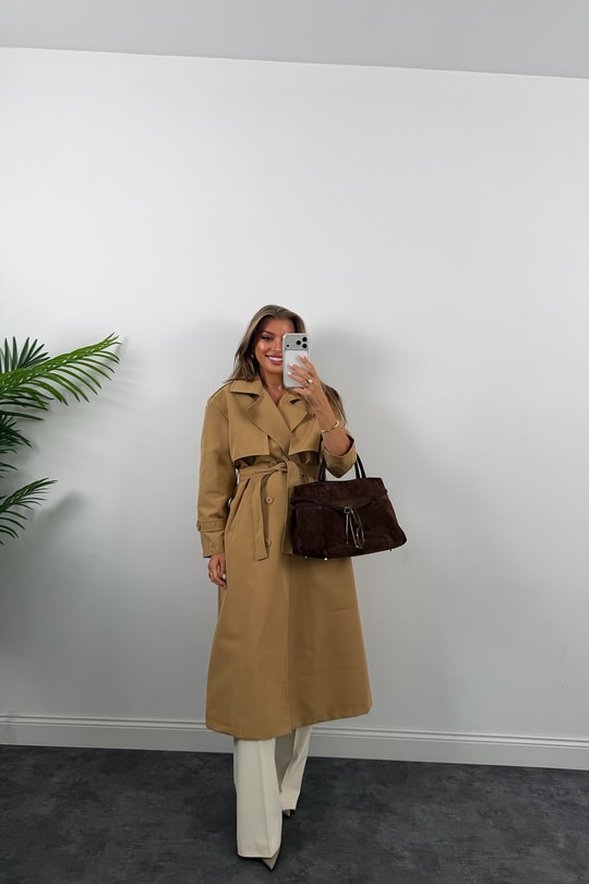 Premium Seri Özel Kumaş Maxi Klasik Trençkot Camel