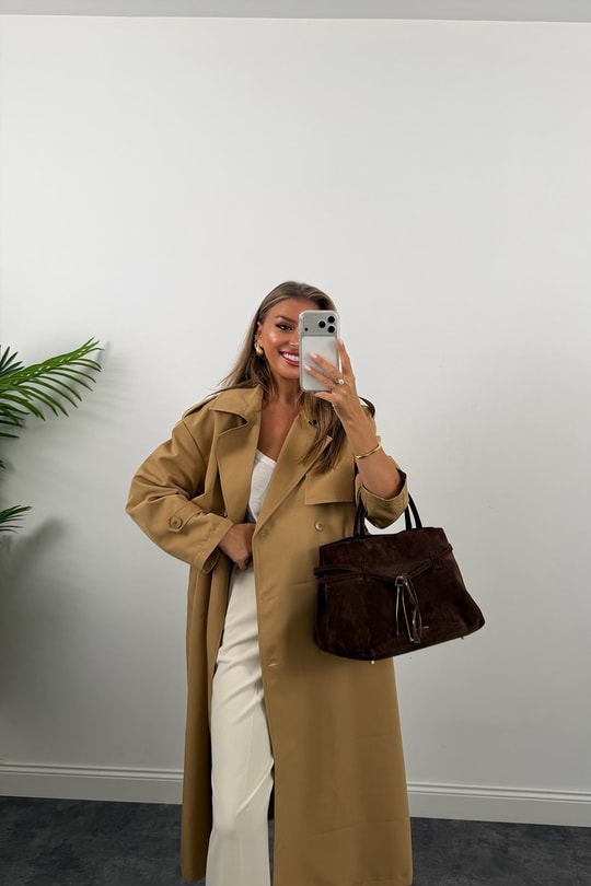 Premium Seri Özel Kumaş Maxi Klasik Trençkot Camel