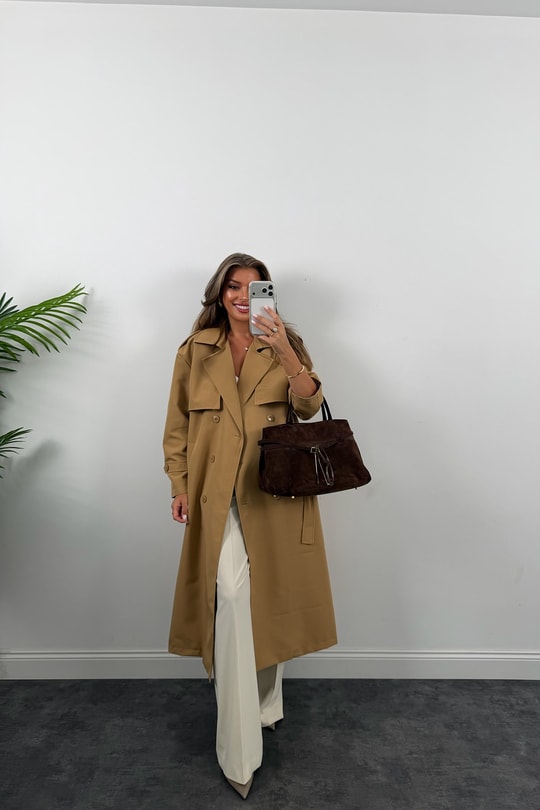Premium Seri Özel Kumaş Maxi Klasik Trençkot Camel