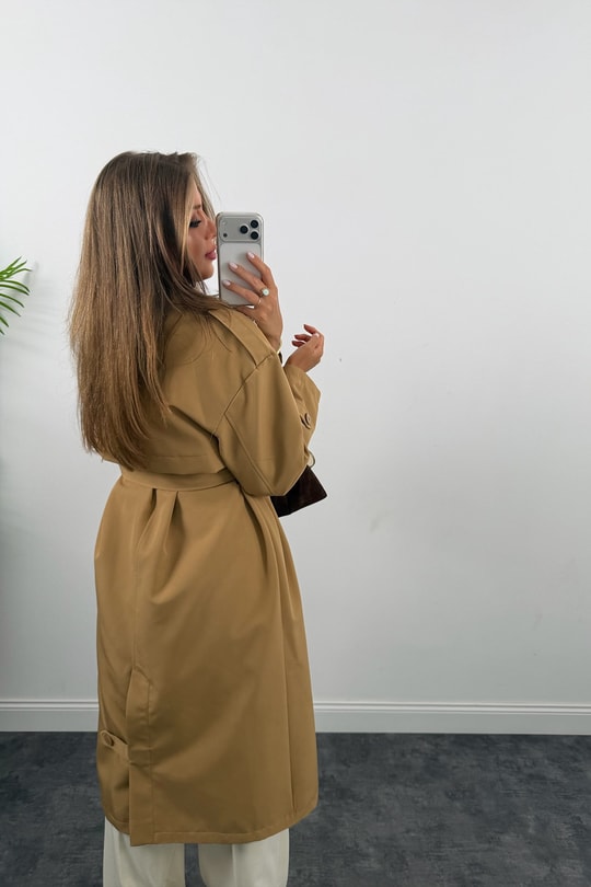 Premium Seri Özel Kumaş Maxi Klasik Trençkot Camel