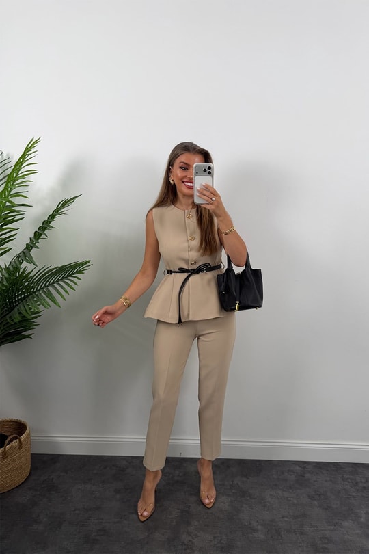 Premium Seri Pantolonu ve Yeleği Kemerli Takım Taş