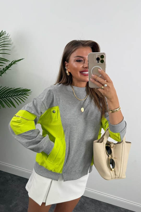 Premium Seri Paraşüt Garnili Tasarım Sweat Neon Yeşil