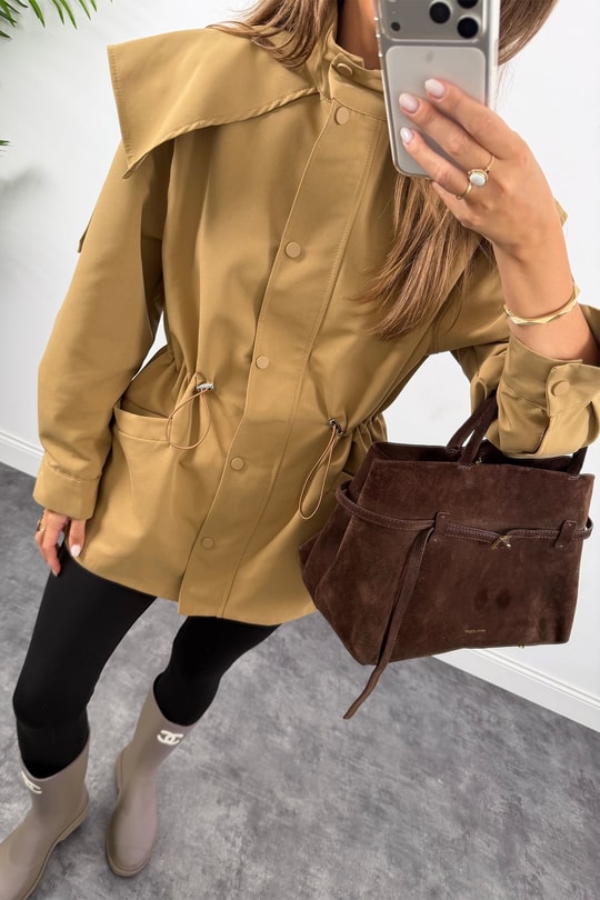 Premium Seri Parka Model Beli Büzgülü Trençkot Camel