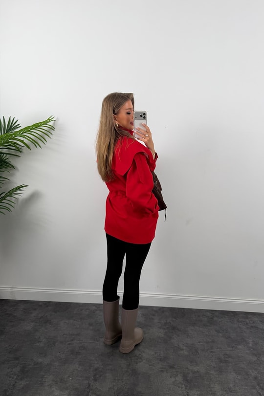 Premium Seri Parka Model Beli Büzgülü Trençkot Kırmızı