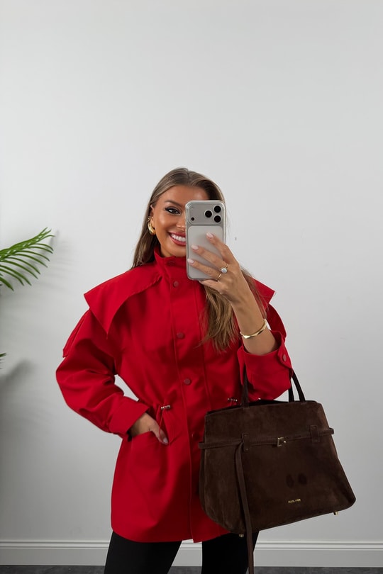 Premium Seri Parka Model Beli Büzgülü Trençkot Kırmızı
