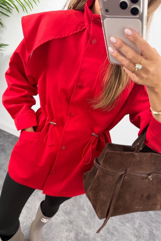 Premium Seri Parka Model Beli Büzgülü Trençkot Kırmızı