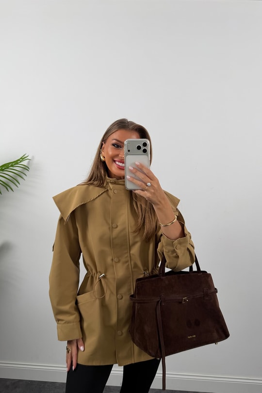 Premium Seri Parka Model Beli Büzgülü Trençkot Camel