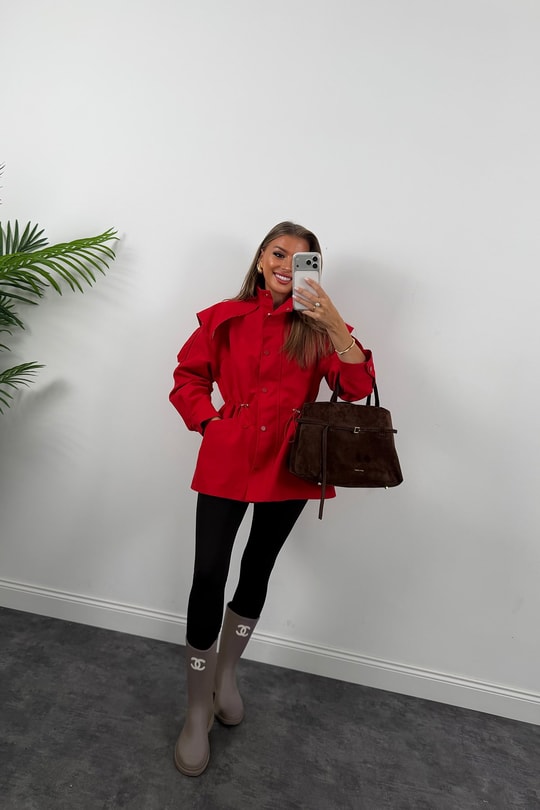 Premium Seri Parka Model Beli Büzgülü Trençkot Kırmızı