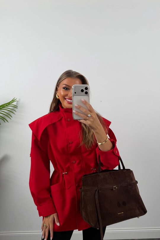 Premium Seri Parka Model Beli Büzgülü Trençkot Kırmızı