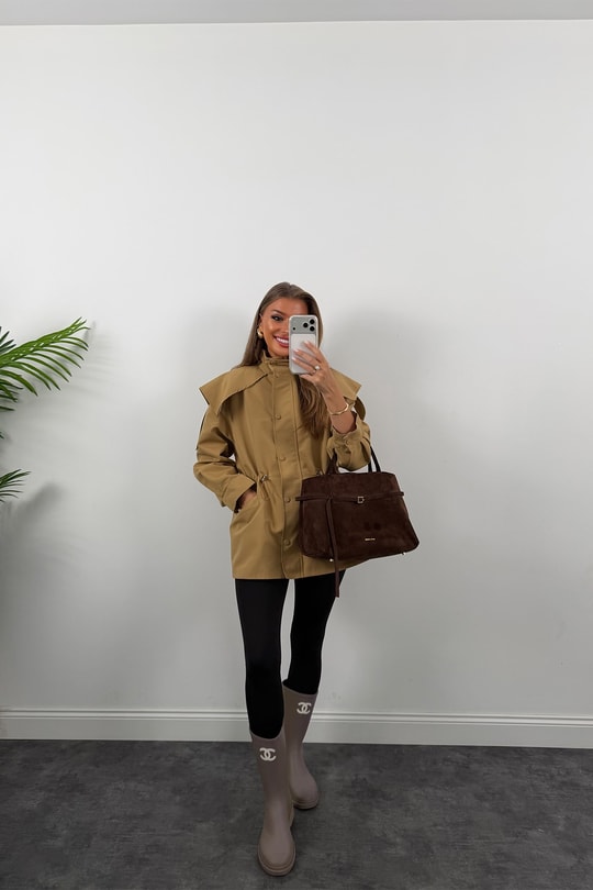 Premium Seri Parka Model Beli Büzgülü Trençkot Camel