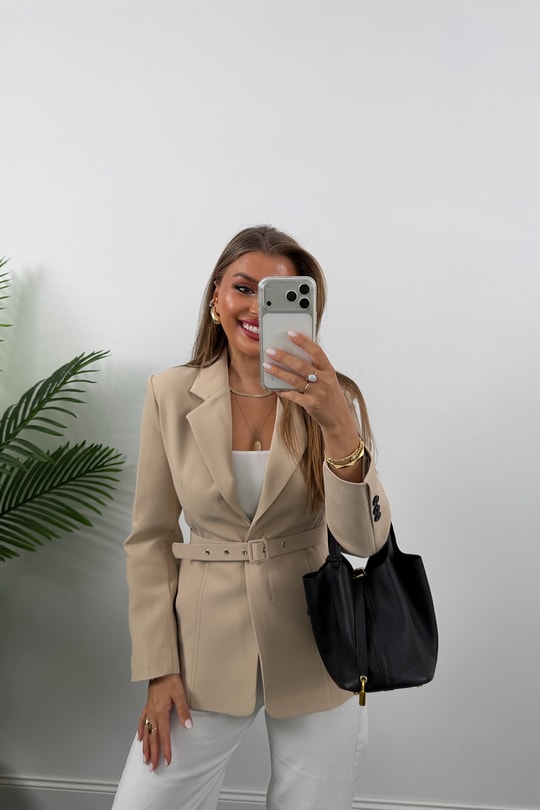 Premium Seri Pensli Kemerli Oturtma Blazer Ceket Taş