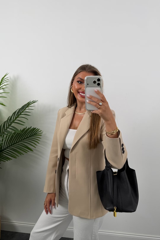 Premium Seri Pensli Kemerli Oturtma Blazer Ceket Taş