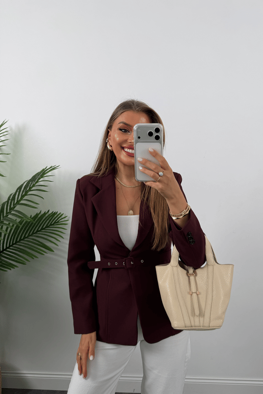 Premium Seri Pensli Kemerli Oturtma Blazer Ceket Mürdüm