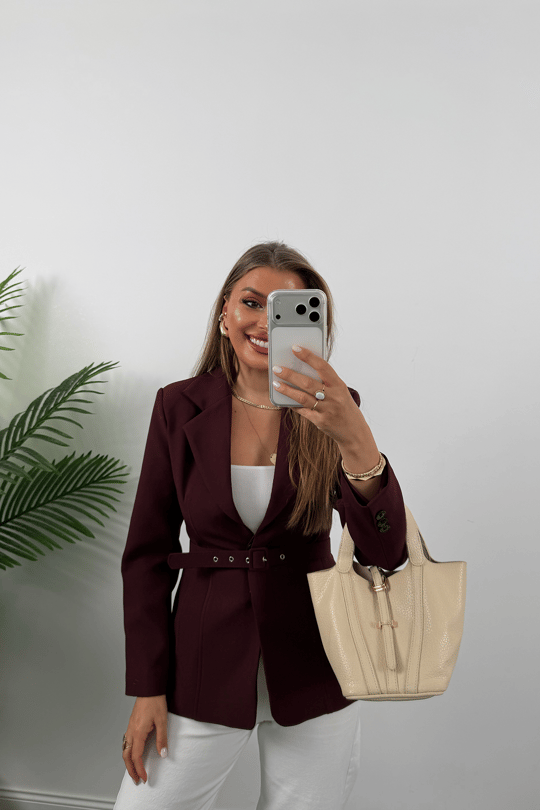 Premium Seri Pensli Kemerli Oturtma Blazer Ceket Mürdüm