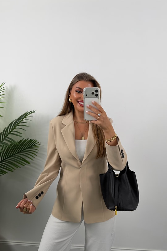 Premium Seri Pensli Kemerli Oturtma Blazer Ceket Taş